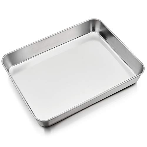 P&P CHEF 12.3 Inch Stainless Steel Sheet Cake Pan, Rectangular Baking Pan for Lasagna Brownie Meats, Cookie Tray Fits in Toaster Oven, Easy Clean & Heavy Duty (1Pc) - Image 1