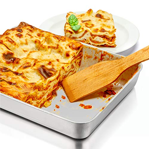 P&P CHEF 12.3 Inch Stainless Steel Sheet Cake Pan, Rectangular Baking Pan for Lasagna Brownie Meats, Cookie Tray Fits in Toaster Oven, Easy Clean & Heavy Duty (1Pc) - Image 3