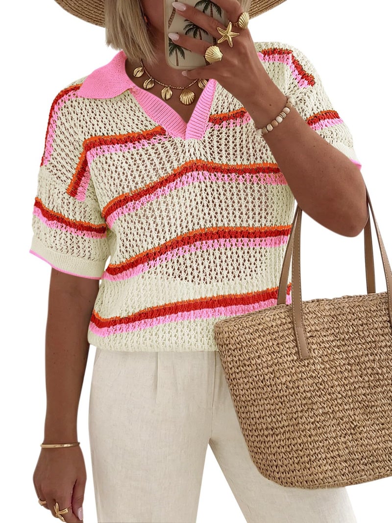 Saodimallsu Womens Crochet Tops Summer Short Sleeve Striped Pullover Sweater Collared Knit Shirts Cover Up Top Pink - Image 1