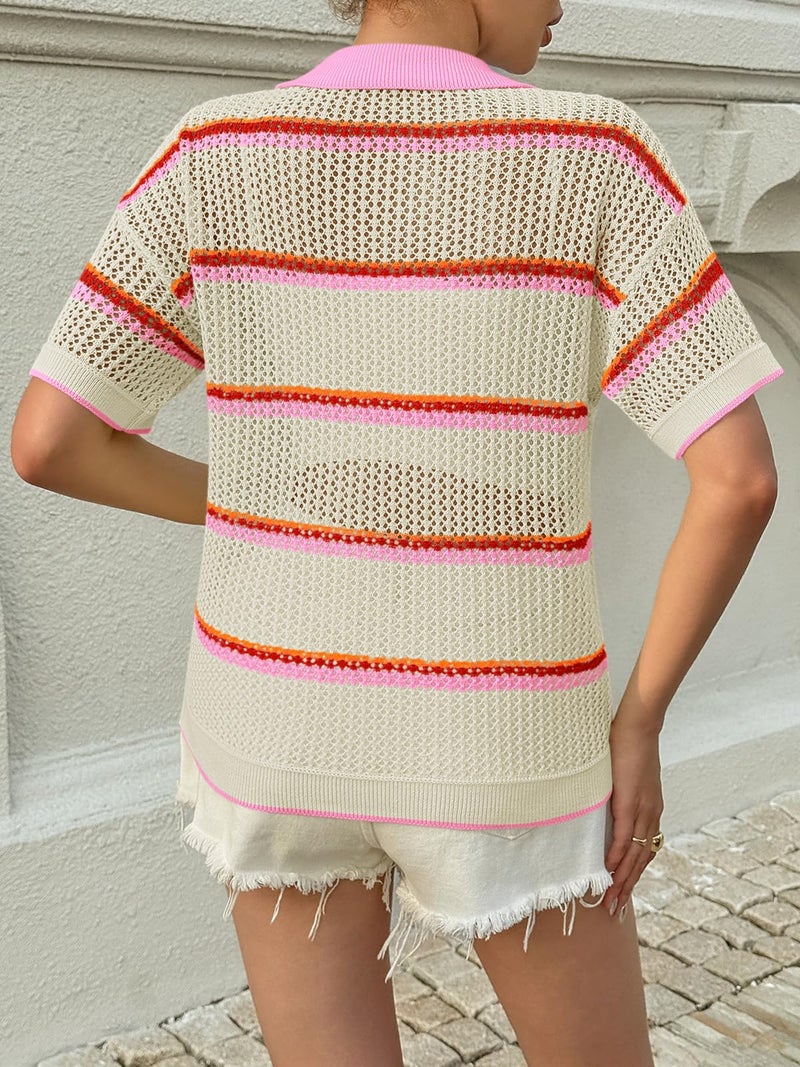 Saodimallsu Womens Crochet Tops Summer Short Sleeve Striped Pullover Sweater Collared Knit Shirts Cover Up Top Pink - Image 5
