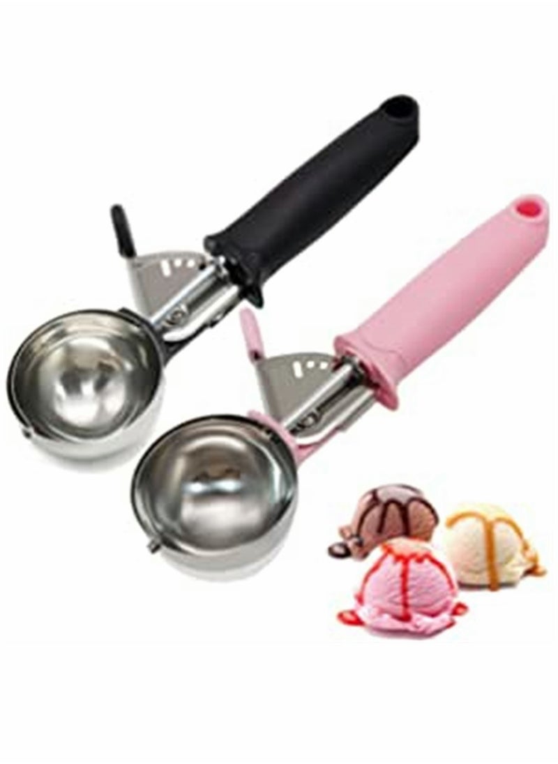 KASTWAVE Ice Cream Scoop, Stainless Steel, Trigger Release and Comfortable Handle, Cookie Dough Scooper, ice Ball Spoon, for Fruit Mashed Potato Cake Dessert, 6cm 2ps (Pink, Black)  - Image 1
