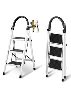 DubaiGallery Sturdy Small Handrail Ladder 3 Step Ladder with Convenient Handgrip and Wide Pedal Folding Metal Stepladders（White，Red） Portable Step Ladders  - Image 2