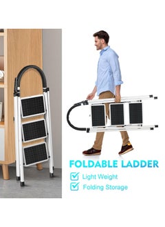 DubaiGallery Sturdy Small Handrail Ladder 3 Step Ladder with Convenient Handgrip and Wide Pedal Folding Metal Stepladders（White，Red） Portable Step Ladders  - Image 4