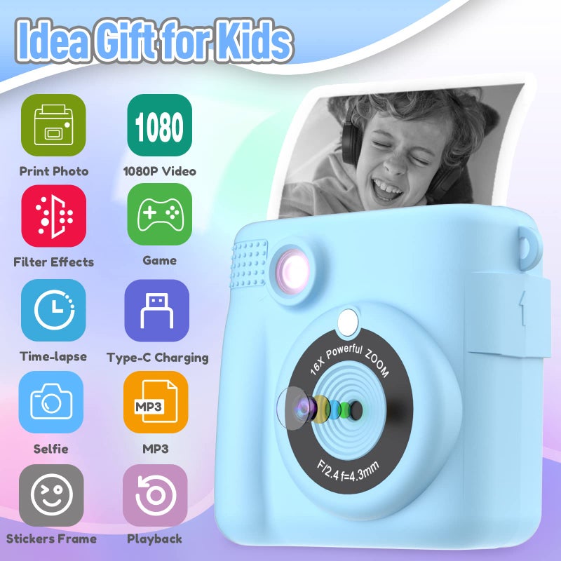 ESOXOFFORE Kids Camera Instant Print, Christmas Birthday Gifts for Kids Age 3-12, Selfie Digital Camera with 1080P Videos,Toddler Portable Travel Toy for 4 5 6 7 8 9 Year Old Boys Girls-Blue - Image 2