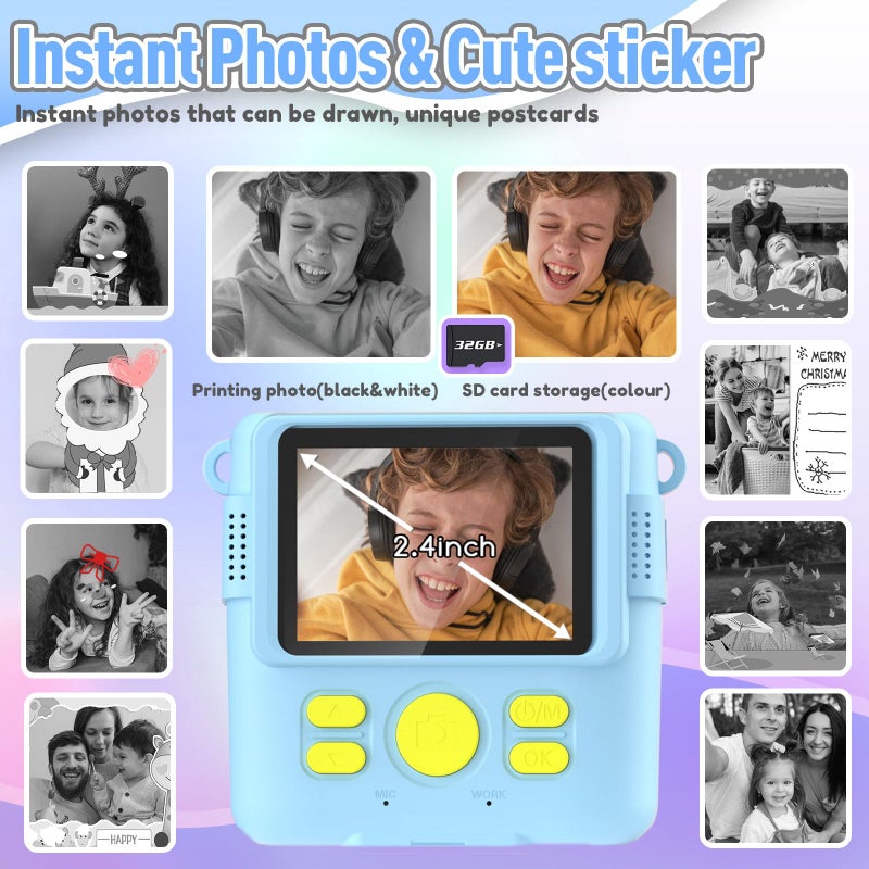 ESOXOFFORE Kids Camera Instant Print, Christmas Birthday Gifts for Kids Age 3-12, Selfie Digital Camera with 1080P Videos,Toddler Portable Travel Toy for 4 5 6 7 8 9 Year Old Boys Girls-Blue - Image 3