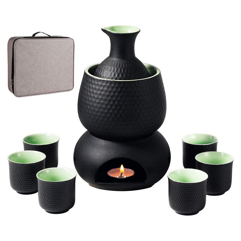 Lyty Ceramic Sake Set Cups with Warmer Keep Sake Storage Box Traditional Porcelain Pottery Hot Saki Drink 9pcs include 1 Stove 1 Warming Bowl 1 200ml Sake Bottle 6 Cup 