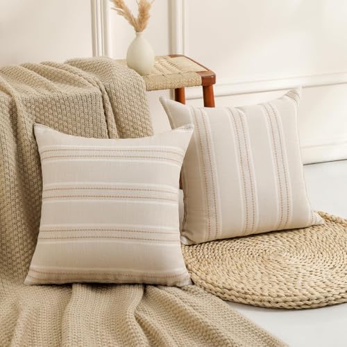 Hckot Hand Made Decorative Khaki Pillow Covers 18x18 Striped Throw Pillows Textured Linen Pillow Covers Farmhouse Decor Cushion Covers for Couch Bed Living Room, Khaki - Image 2