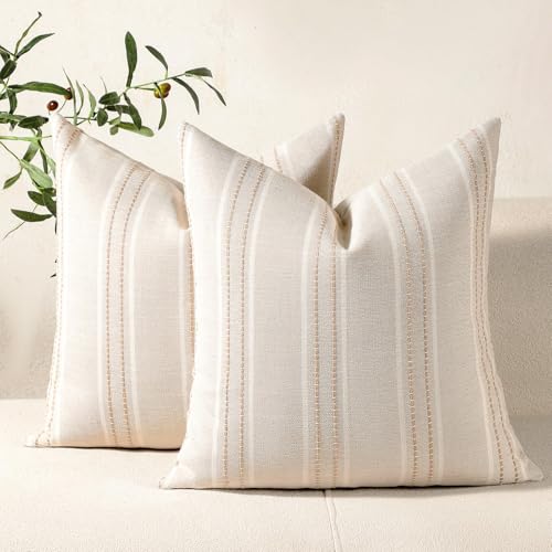 Hckot Hand Made Decorative Khaki Pillow Covers 18x18 Striped Throw Pillows Textured Linen Pillow Covers Farmhouse Decor Cushion Covers for Couch Bed Living Room, Khaki - Image 1