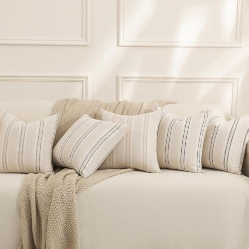 Hckot Hand Made Decorative Khaki Pillow Covers 18x18 Striped Throw Pillows Textured Linen Pillow Covers Farmhouse Decor Cushion Covers for Couch Bed Living Room, Khaki - Image 5