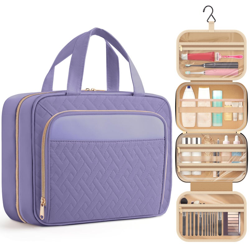 Hotor Travel Toiletry Bag For Women & Men, Waterproof Makeup Bag With Hanging Hook And Multiple Pockets, Cosmetic Bags For Women, Travel Essentials, 11.2'' X 3.2'' X 8.9'', Light Purple - Image 1