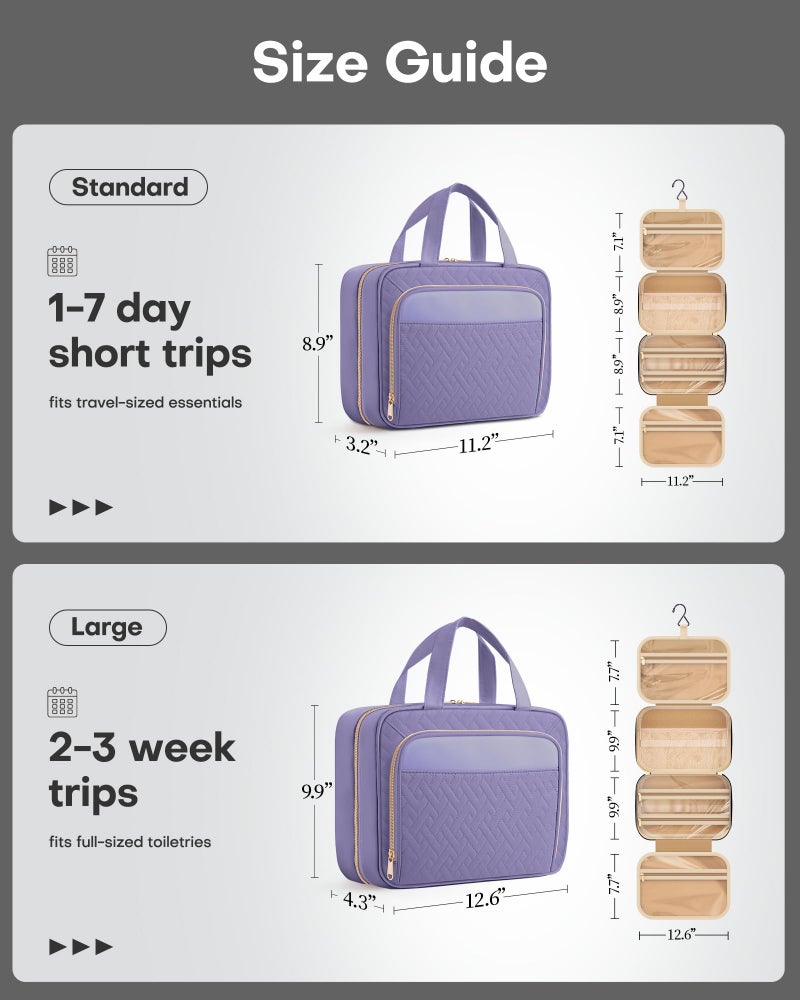 Hotor Travel Toiletry Bag For Women & Men, Waterproof Makeup Bag With Hanging Hook And Multiple Pockets, Cosmetic Bags For Women, Travel Essentials, 11.2'' X 3.2'' X 8.9'', Light Purple - Image 2