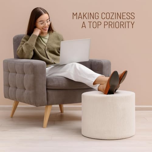 KKdema Round Pouf Ottoman and Foot Rest, Soft Corduroy Poufs with Foam Filling, Comfort Sponge Stuffed Poofs for Couch Desk Resting Your Feet, White - Image 4