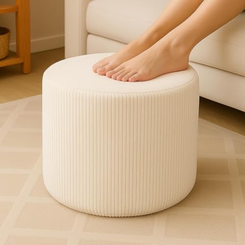 KKdema Round Pouf Ottoman and Foot Rest, Soft Corduroy Poufs with Foam Filling, Comfort Sponge Stuffed Poofs for Couch Desk Resting Your Feet, White - Image 1