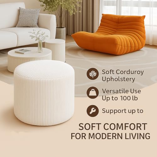 KKdema Round Pouf Ottoman and Foot Rest, Soft Corduroy Poufs with Foam Filling, Comfort Sponge Stuffed Poofs for Couch Desk Resting Your Feet, White - Image 3