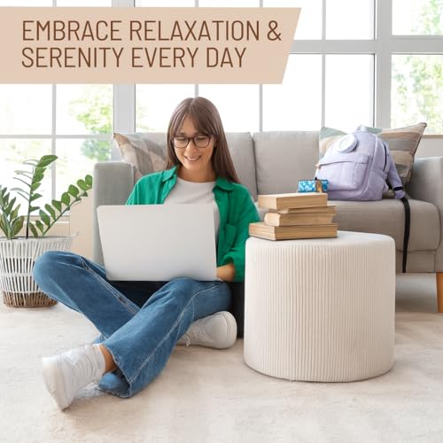 KKdema Round Pouf Ottoman and Foot Rest, Soft Corduroy Poufs with Foam Filling, Comfort Sponge Stuffed Poofs for Couch Desk Resting Your Feet, White - Image 5