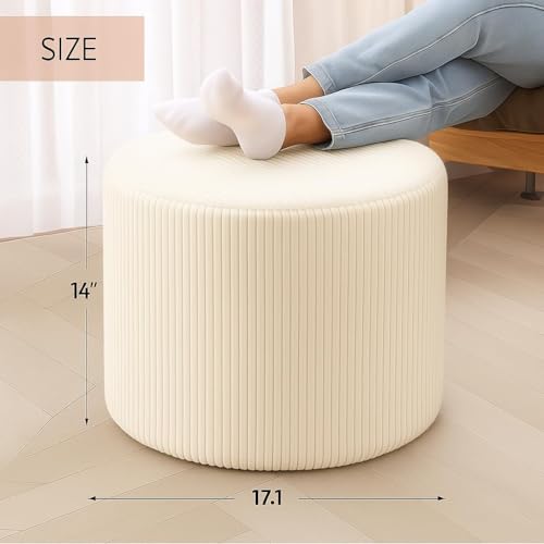 KKdema Round Pouf Ottoman and Foot Rest, Soft Corduroy Poufs with Foam Filling, Comfort Sponge Stuffed Poofs for Couch Desk Resting Your Feet, White - Image 2