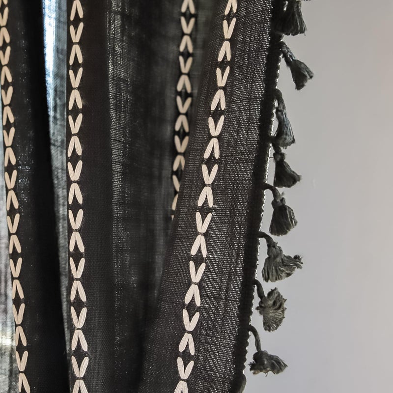Deeprove Black Boho Curtains 84 inches Long with Tassel for Bedroom  Vintage Bohemian Embroidery Farmhouse Cotton Linen French Country Window Treatments Gothic Halloween Decor  W52 x L84  1 Panel - Image 2
