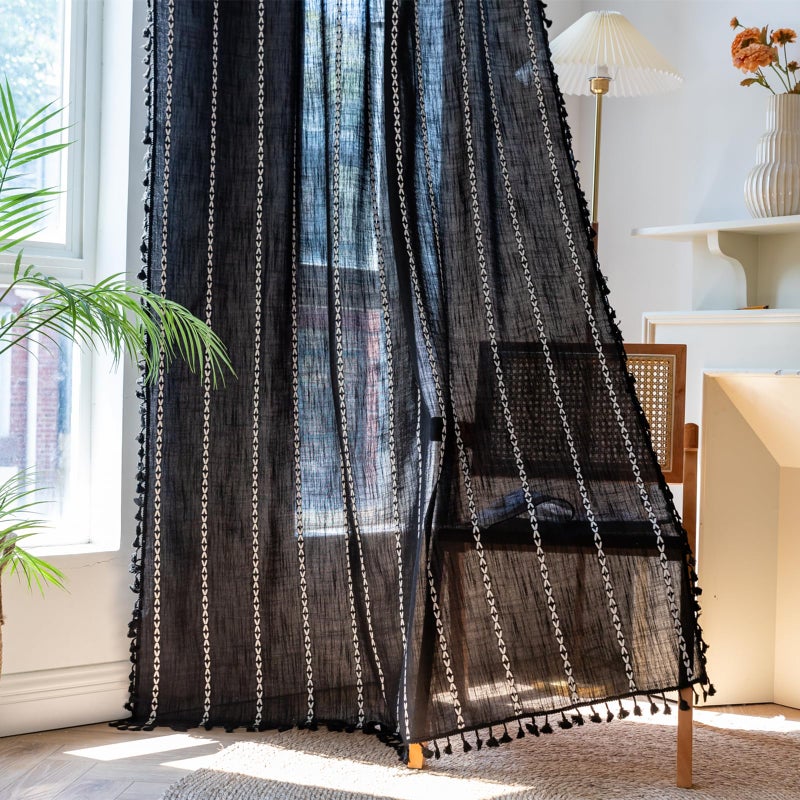 Deeprove Black Boho Curtains 84 inches Long with Tassel for Bedroom  Vintage Bohemian Embroidery Farmhouse Cotton Linen French Country Window Treatments Gothic Halloween Decor  W52 x L84  1 Panel - Image 1