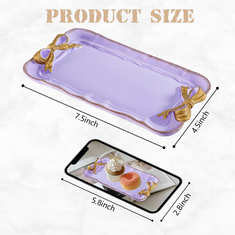 Warmtree Vintage Decorative Tray Jewelry Tray Towel Tray Storage Tray Rings Necklace Bracelets Earrings Trays Cosmetics Jewelry Organizer Retro Design Bow Decor Resin Plate Coquette Room Decor (Purple) - Image 2