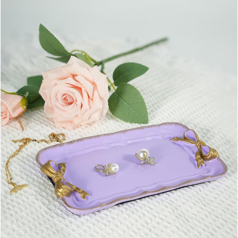 Warmtree Vintage Decorative Tray Jewelry Tray Towel Tray Storage Tray Rings Necklace Bracelets Earrings Trays Cosmetics Jewelry Organizer Retro Design Bow Decor Resin Plate Coquette Room Decor (Purple) - Image 3