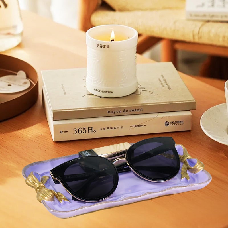 Warmtree Vintage Decorative Tray Jewelry Tray Towel Tray Storage Tray Rings Necklace Bracelets Earrings Trays Cosmetics Jewelry Organizer Retro Design Bow Decor Resin Plate Coquette Room Decor (Purple) - Image 4