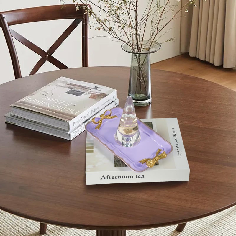 Warmtree Vintage Decorative Tray Jewelry Tray Towel Tray Storage Tray Rings Necklace Bracelets Earrings Trays Cosmetics Jewelry Organizer Retro Design Bow Decor Resin Plate Coquette Room Decor (Purple) - Image 5