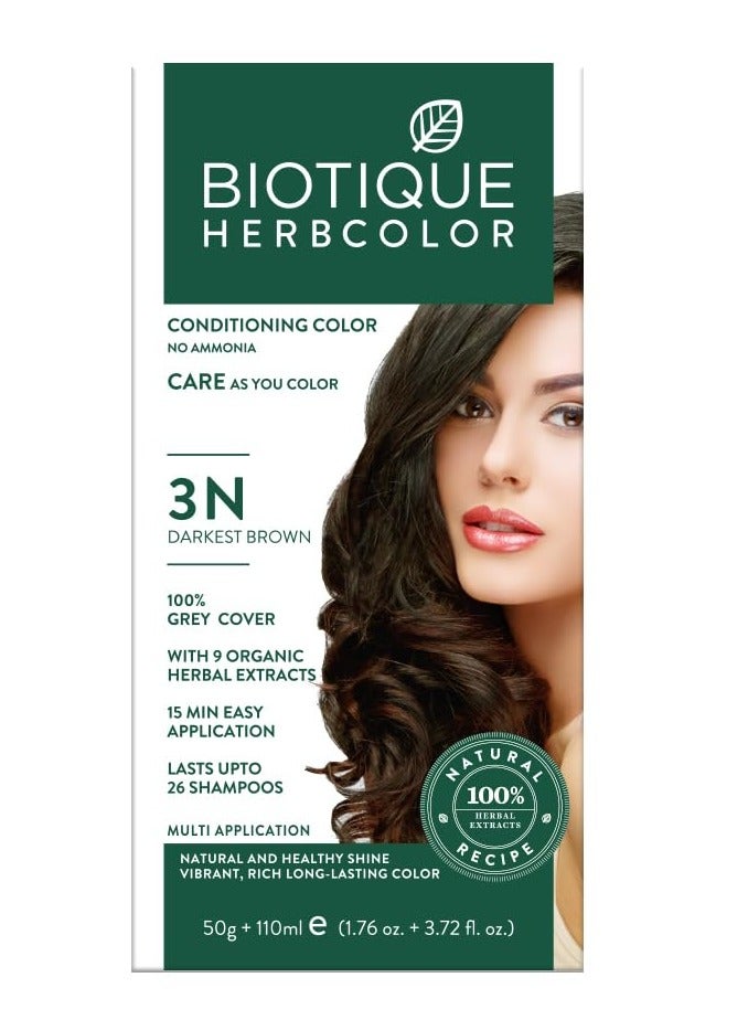 Biotique Herbcolor Ammonia Free Hair Color Darkest Brown 3N 9 Herbal Extracts Conditioning Shine 50g 110ml - Image 1