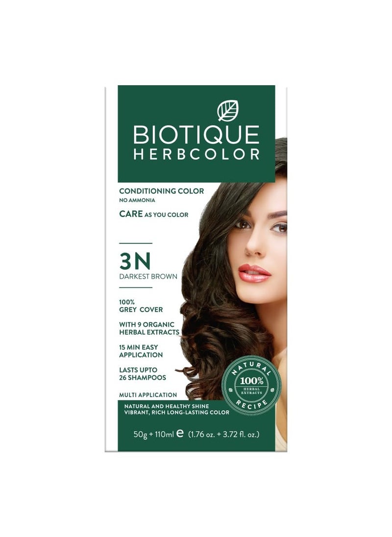 Biotique Herbcolor Ammonia Free Hair Color Darkest Brown 3N 9 Herbal Extracts Conditioning Shine 50g 110ml  - Image 1