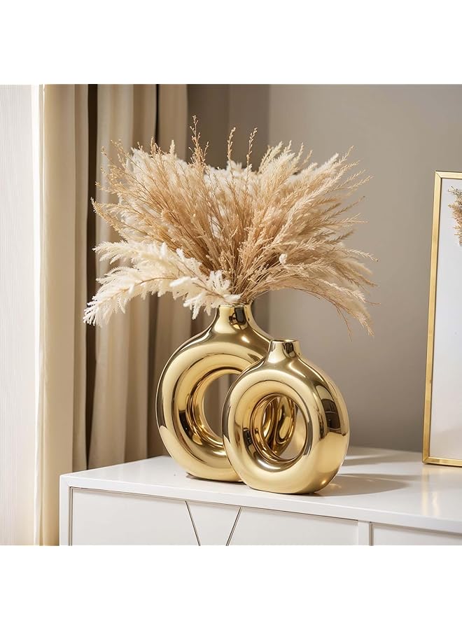The Bros مزهرية ذهبية، مجموعة مزهريتين خزفية، مزهريات ديكور منزلي، مزهرية دائرية لمراكز الزينة، مزهرية ذهبية لديكور غرفة المعيشة، لمسات ديكور منزلي، مزهرية ديكور منزلي للمطبخ، طاولة قهوة - Image 1