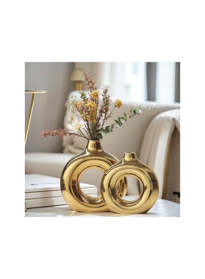 The Bros مزهرية ذهبية، مجموعة مزهريتين خزفية، مزهريات ديكور منزلي، مزهرية دائرية لمراكز الزينة، مزهرية ذهبية لديكور غرفة المعيشة، لمسات ديكور منزلي، مزهرية ديكور منزلي للمطبخ، طاولة قهوة - Image 2