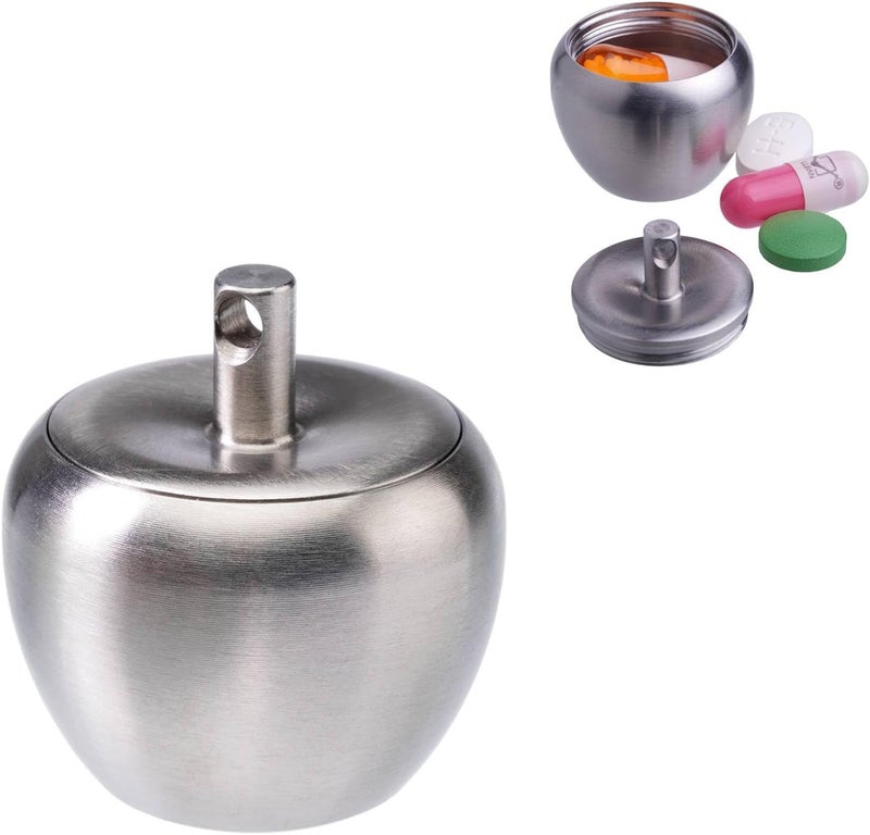 TIKIDESIGN TKM1 Small Pill Box Keychain Pill Container Stainless Steel Mini Apple-Shaped Pill Case, Waterproof Metal Pill Organizer for Travel, Camping and Outdoor