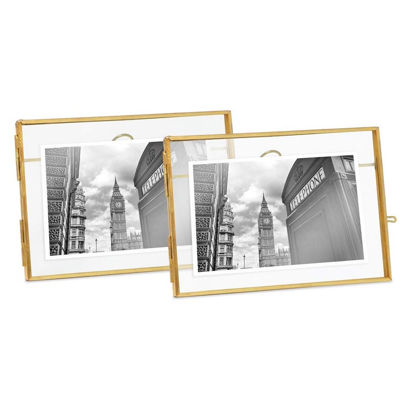 Isaac Jacobs 4x6 2Pack Antique Gold Vintage Style Brass and Glass Metal Floating Picture Frame Horizontal with Locket Closure for Photos Art  More Tabletop Display 4x6 Antique Gold
