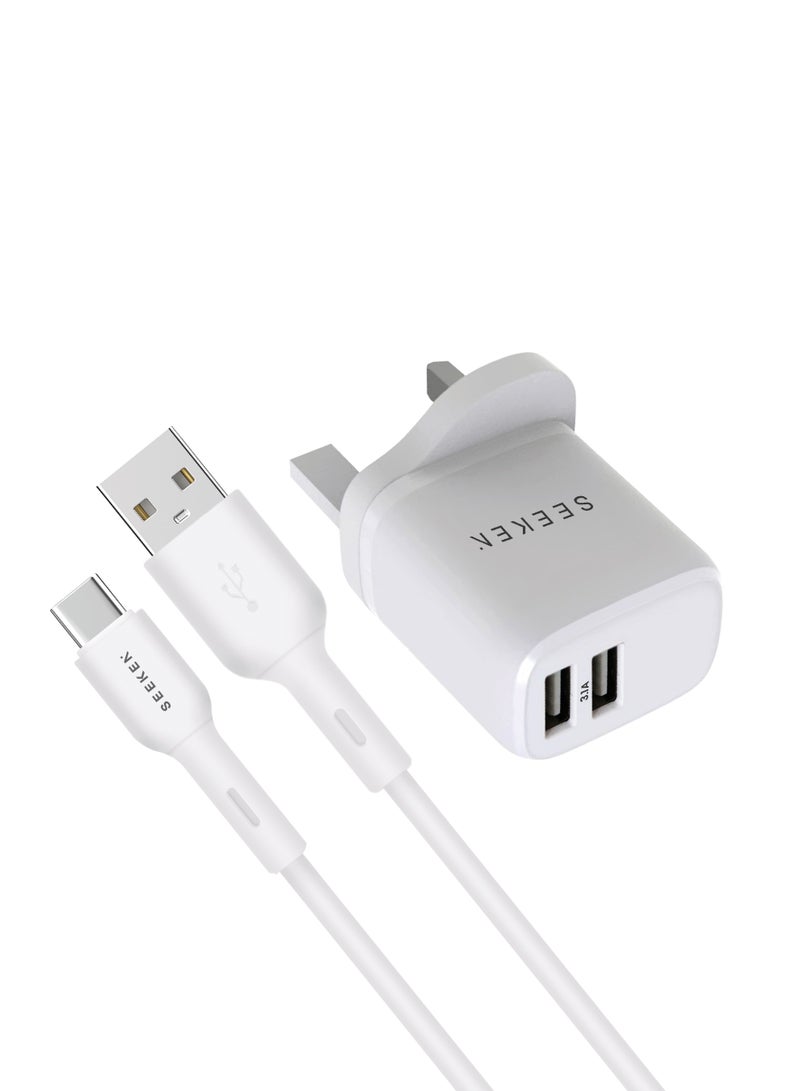 SEEKEN 3.1A Dual USB-A Charger UK Plug with 1M USB-C Cable – Fast Wall Adapter for Smartphones & Tablets – Compact Travel Charger - Image 3