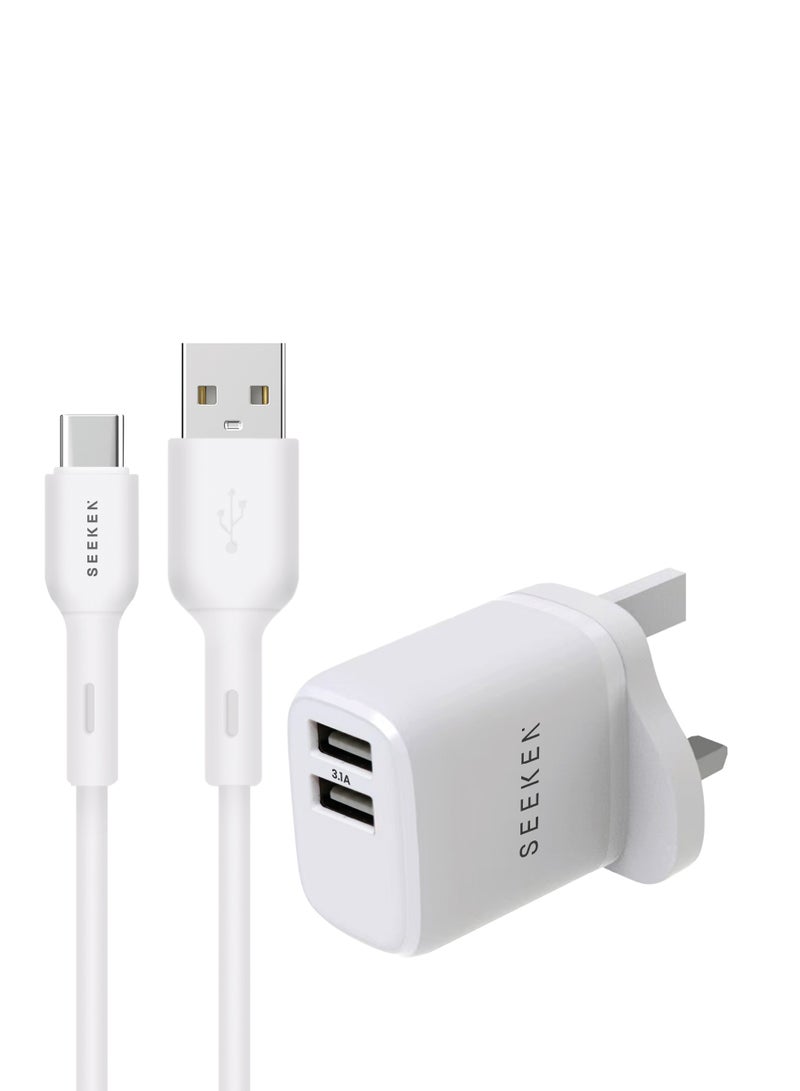 SEEKEN 3.1A Dual USB-A Charger UK Plug with 1M USB-C Cable – Fast Wall Adapter for Smartphones & Tablets – Compact Travel Charger - Image 1