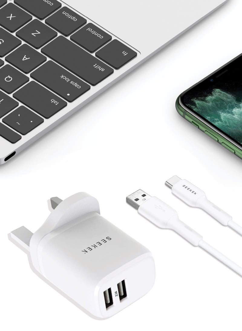 SEEKEN 3.1A Dual USB-A Charger UK Plug with 1M USB-C Cable – Fast Wall Adapter for Smartphones & Tablets – Compact Travel Charger - Image 2