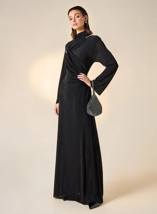 2Xtremz 2Xtremz High Neck Maxi Dress with Long Sleeves and Knot Detail