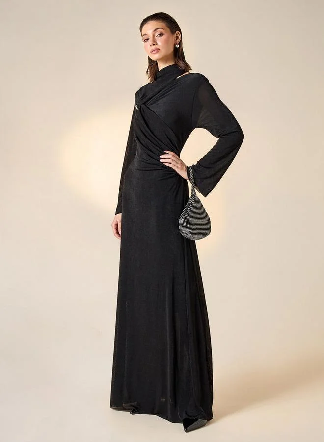 2Xtremz 2Xtremz High Neck Maxi Dress with Long Sleeves and Knot Detail