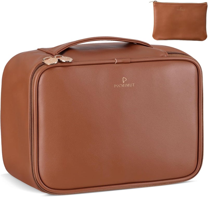 Pocmimut Makeup Bag,PU Leather Make Up Bag Cosmetic Bag,Large Makeup Bag with Brush Holder for Women(Brown) - Image 2