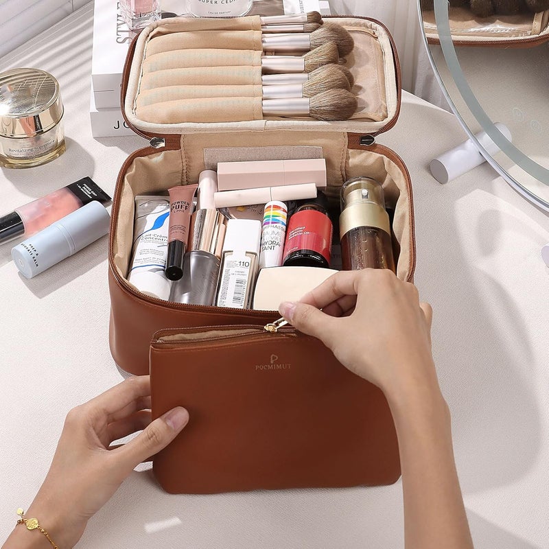 Pocmimut Makeup Bag,PU Leather Make Up Bag Cosmetic Bag,Large Makeup Bag with Brush Holder for Women(Brown) - Image 5