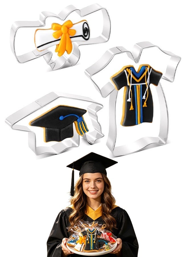 3PCS Graduation Cookie Cutters Set, Stainless Steel Graduation Cap Diploma Gown Biscuit Cutters for Graduation Party Supplies - Image 1