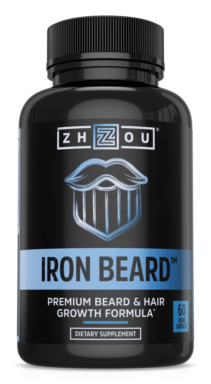 Zhou Iron Beard - Beard Growth Vitamins Men, Premium Biotin, Saw Palmetto & B Vitamin Pills to Support Facial Hair, Beard Care Supplement for Full Beard - 60 Veggie Capsules - Image 1