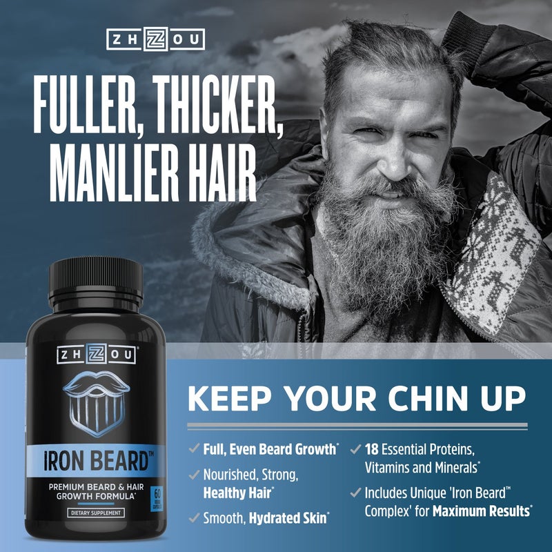 Zhou Iron Beard - Beard Growth Vitamins Men, Premium Biotin, Saw Palmetto & B Vitamin Pills to Support Facial Hair, Beard Care Supplement for Full Beard - 60 Veggie Capsules - Image 2