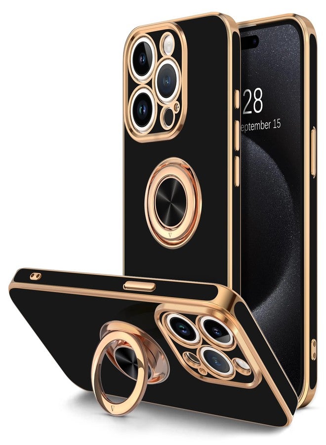 Hython for iPhone 15 Pro Case with Ring Stand, 360° Rotatable Ring Holder Magnetic Kickstand, Plating Rose Gold Edge Soft Cover Luxury Protective Phone Case for iPhone 15 Pro 6.1", Black - Image 1