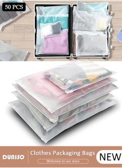 DUNISO 50 PCS Frosted Clothes Packaging Bags for Shipping, Reusable Frosted Zipper Plastic Bags for Clothing Travel Storage Bags, Multifunctional Clear Plastic Apparel Bag, Resealable Apparel Zip Slider Bags for for Underwear, Towels, Shoes, Clothes, Cosmetics, Toiletries  - Image 1