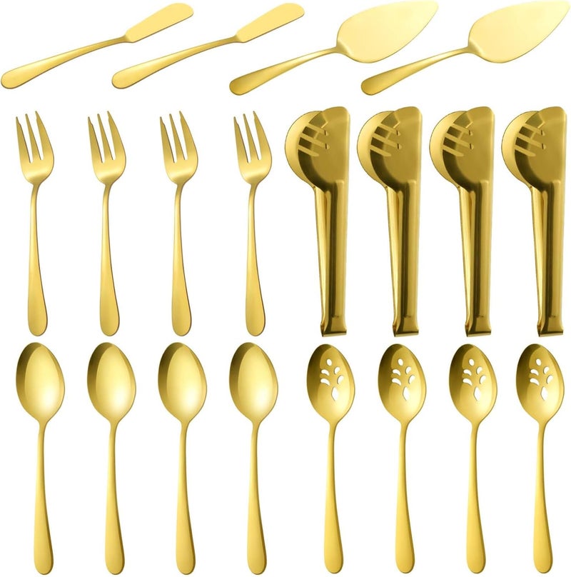 BEWOS Gold Serving Utensils, 20-Piece Serving Utensils set, Gold Serving Spoons, Slotted Spoons, Tongs, Forks, Cake Server, Butter Knife, Stainless Steel Serving Utensils for Parties, Dishwasher Safe - Image 1