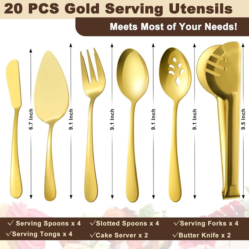 BEWOS Gold Serving Utensils, 20-Piece Serving Utensils set, Gold Serving Spoons, Slotted Spoons, Tongs, Forks, Cake Server, Butter Knife, Stainless Steel Serving Utensils for Parties, Dishwasher Safe - Image 2