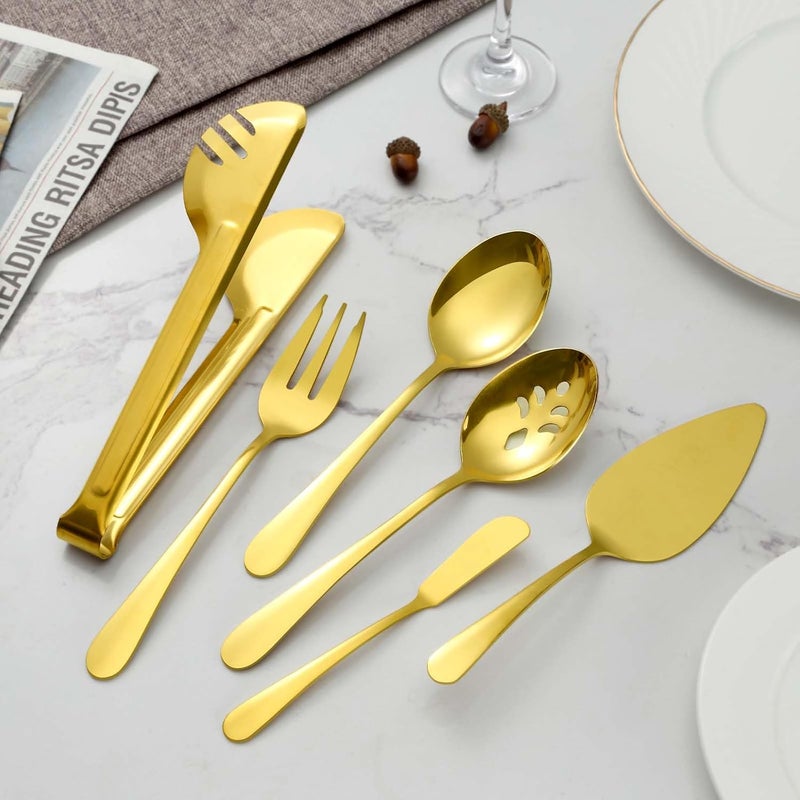 BEWOS Gold Serving Utensils, 20-Piece Serving Utensils set, Gold Serving Spoons, Slotted Spoons, Tongs, Forks, Cake Server, Butter Knife, Stainless Steel Serving Utensils for Parties, Dishwasher Safe - Image 5