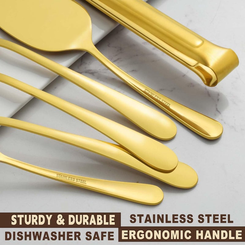 BEWOS Gold Serving Utensils, 20-Piece Serving Utensils set, Gold Serving Spoons, Slotted Spoons, Tongs, Forks, Cake Server, Butter Knife, Stainless Steel Serving Utensils for Parties, Dishwasher Safe - Image 4