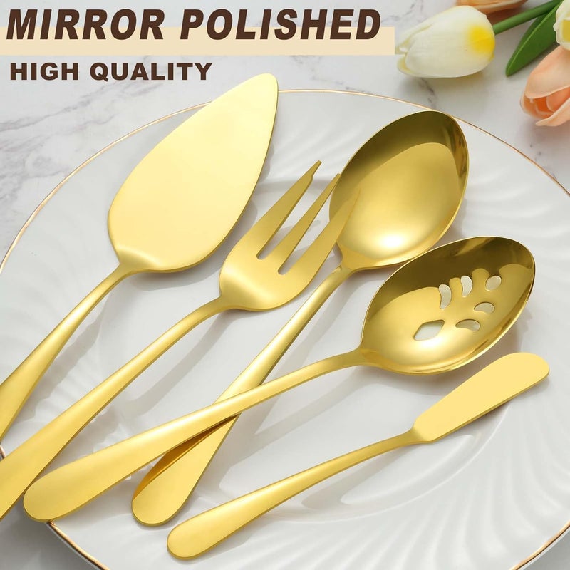 BEWOS Gold Serving Utensils, 20-Piece Serving Utensils set, Gold Serving Spoons, Slotted Spoons, Tongs, Forks, Cake Server, Butter Knife, Stainless Steel Serving Utensils for Parties, Dishwasher Safe - Image 3