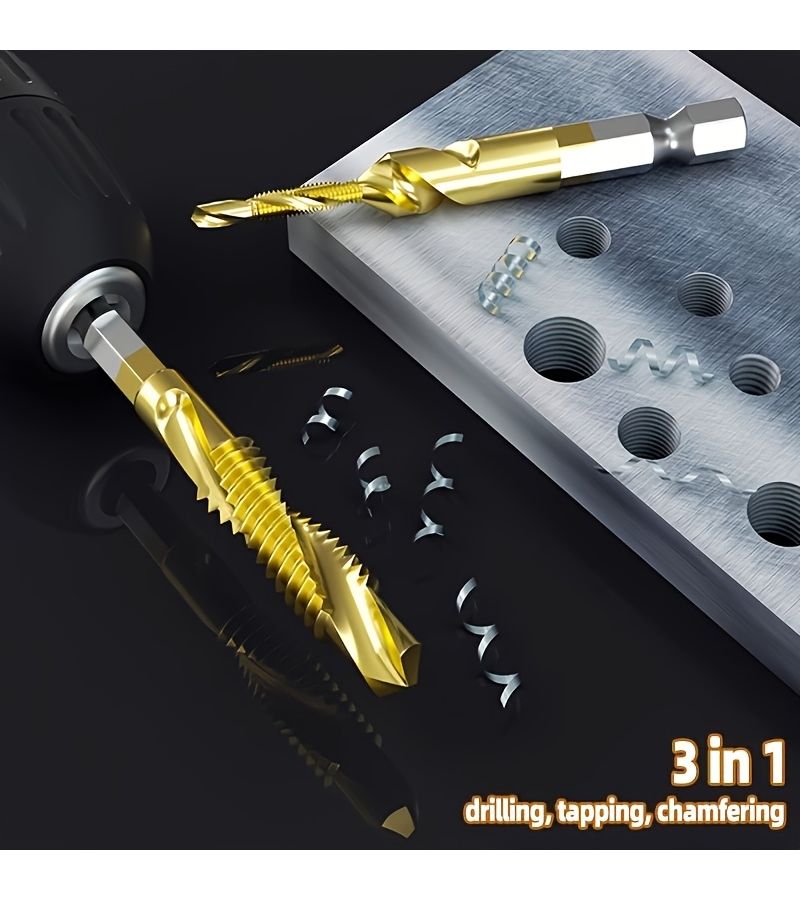 12 Pcs Coated Drill Bit Tap Set M3 to M10 Metric High Speed Steel with 1 4 Inch Hex Shank and Screw Extractor Kit for Efficient Drilling Tapping - Image 2